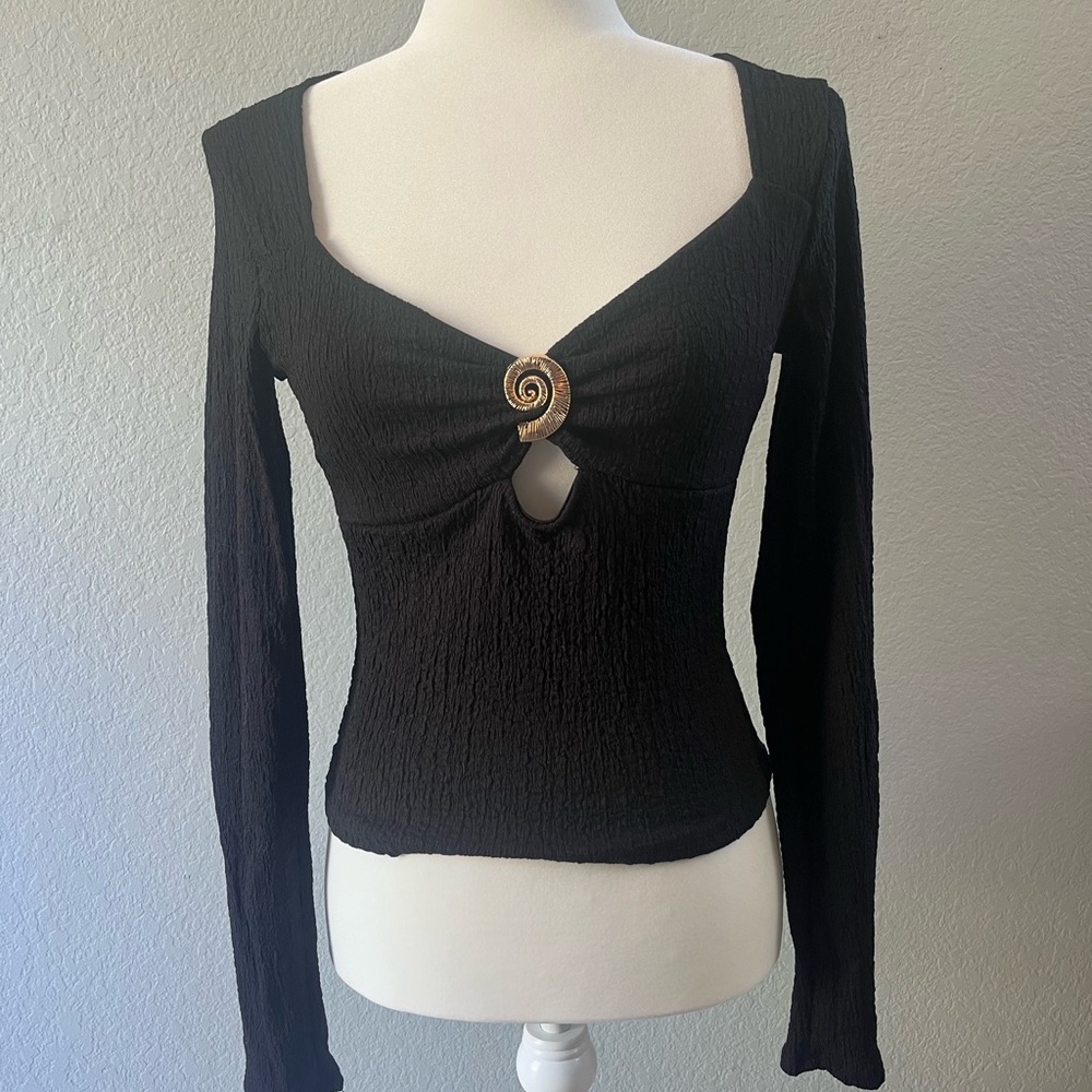 Fashion Nova Black Long Sleeve Top with Gold Detail